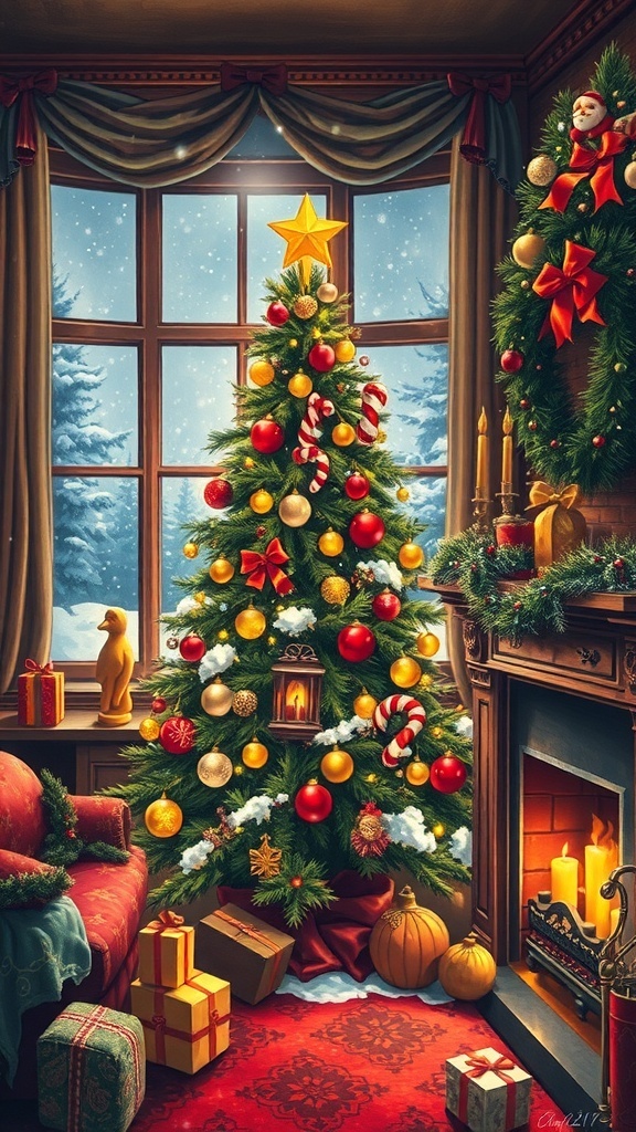 A Christmas aesthetic painting of a decorated tree and a cozy room with snow outside.